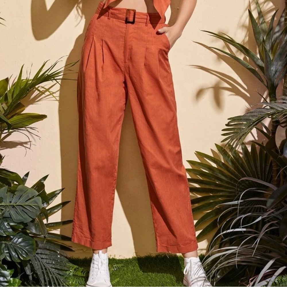 Cotton plicated burnt orange pants, SHEIN